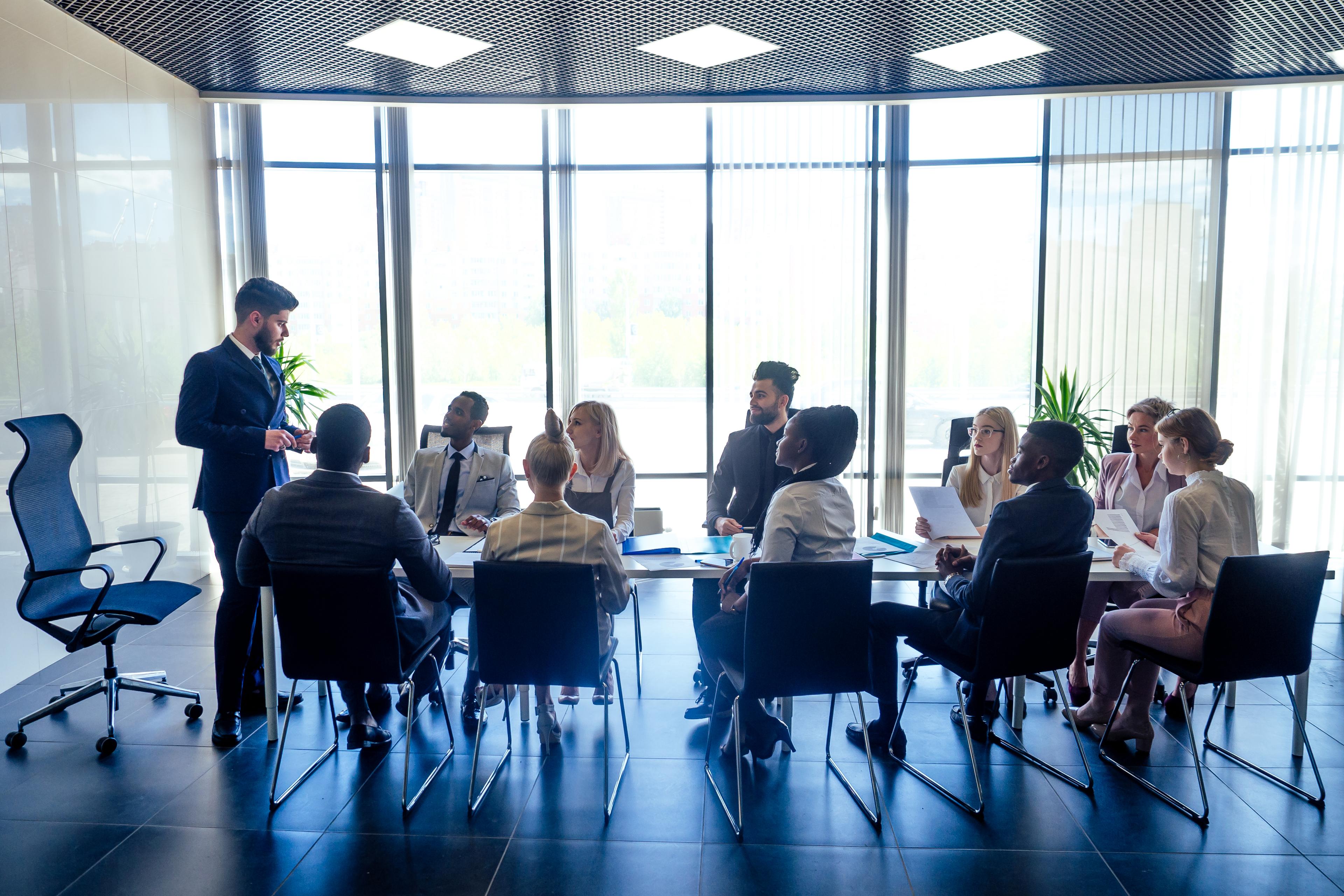 person giving presentation to multi cultural boardroom meeting